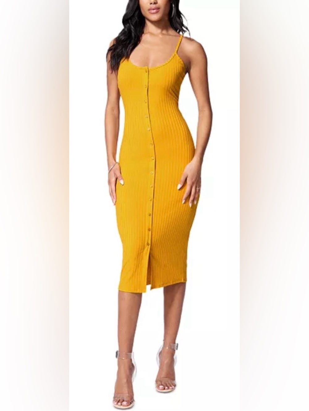 BEBE NWT Rib Knit Sleeveless Button-Front Yellow Bodycon Midi Dress Size S